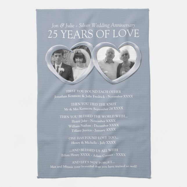 Silver 25th wedding anniversary photo family story tea towel (Vertical)