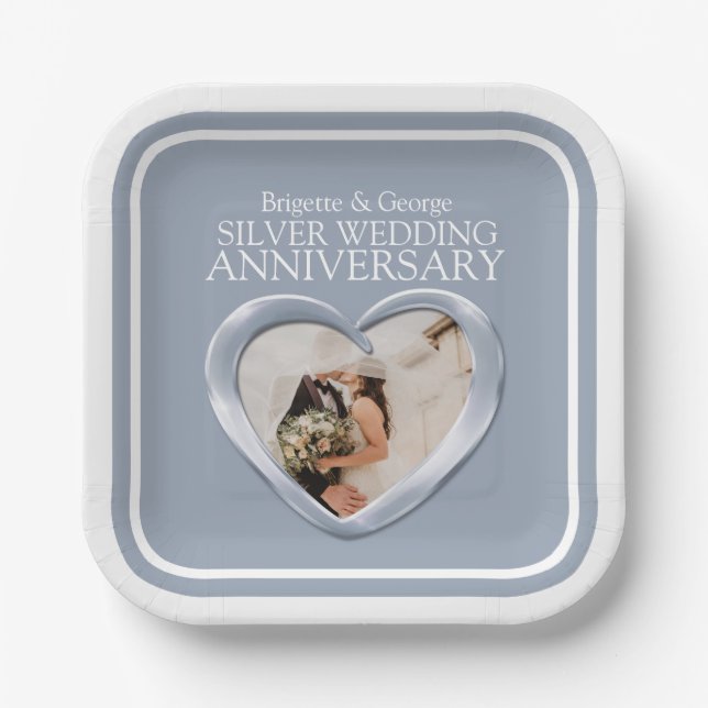 Silver 25th wedding anniversary photo heart square paper plate (Front)