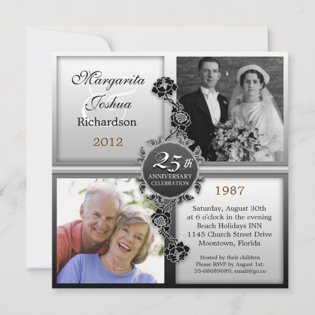 silver 25th wedding anniversary photos invitations (Front)