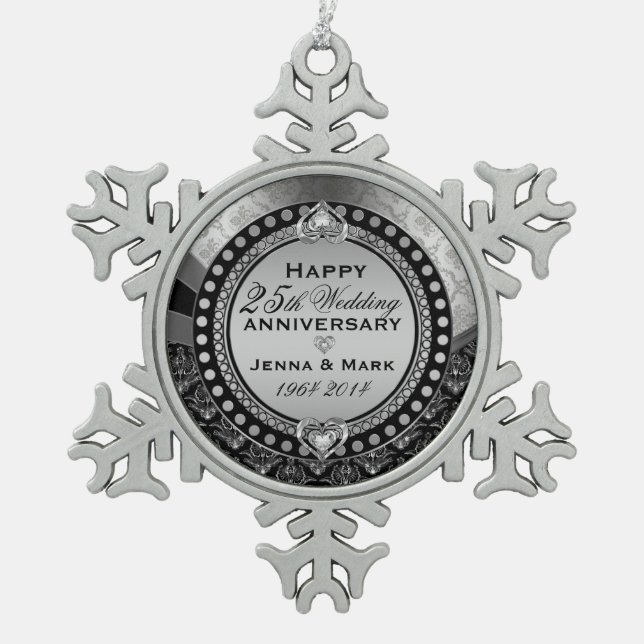 Silver 25th Wedding Anniversary Snowflake Pewter Christmas Ornament (Front)