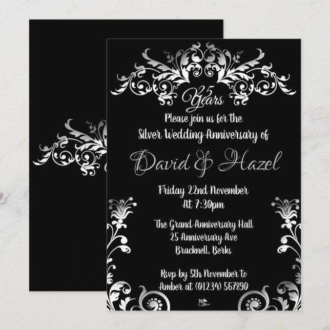 Silver 25th Wedding Anniversay Invitations (Front/Back)