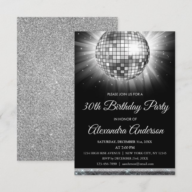 Silver 30th Birthday Party Disco Dance Ball Invitation (Front/Back)