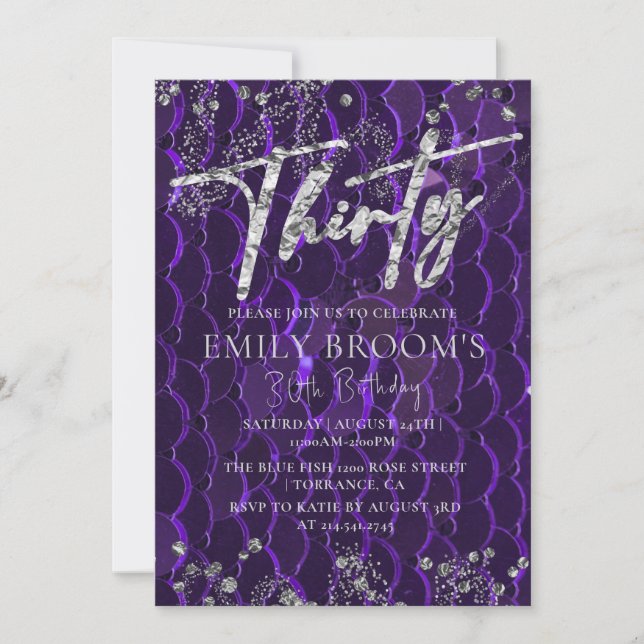 SILVER 30th Birthday Purple For her Invitation (Front)