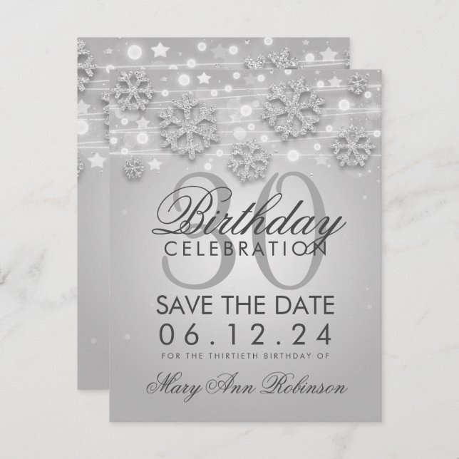 Silver 30th Birthday Save Date Winter Invitation (Front/Back)