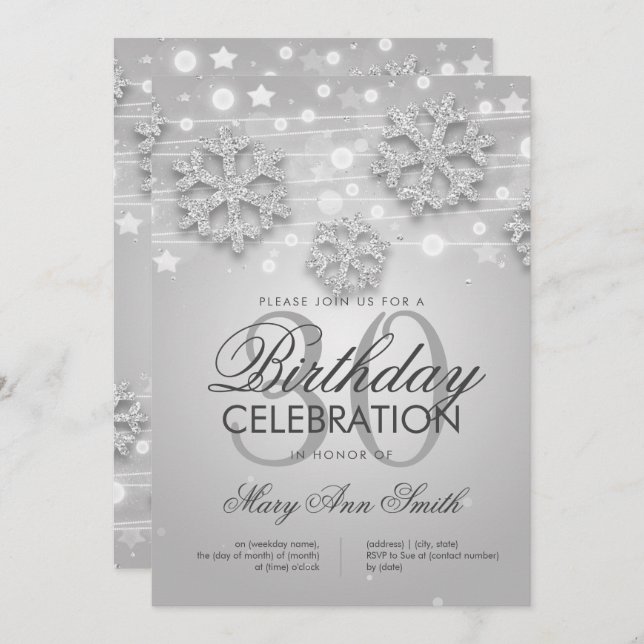 Silver 30th Birthday Winter Glitter Glam Invitation (Front/Back)