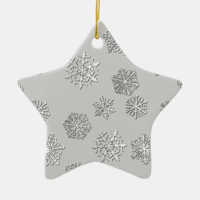 Silver 3-d snowflakes on a silver background ceramic tree decoration (Front)