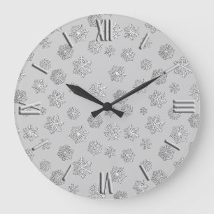 Silver 3-d snowflakes on a silver background large clock