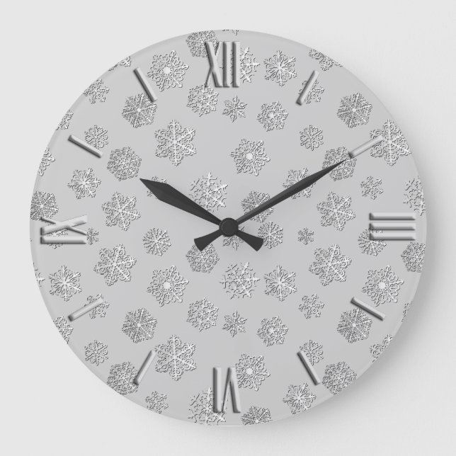 Silver 3-d snowflakes on a silver background large clock (Front)