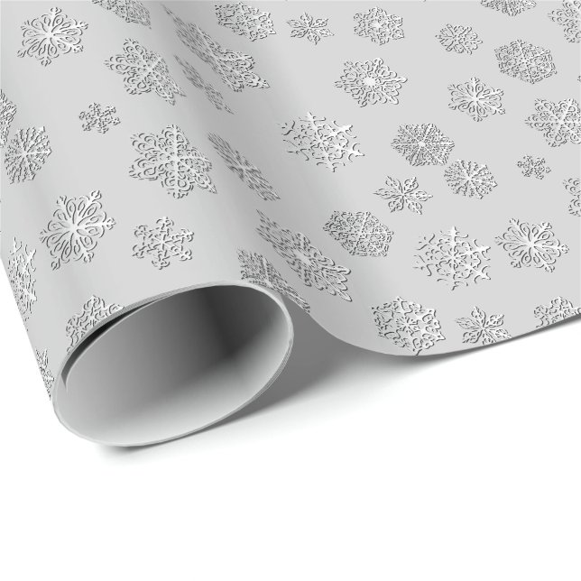 Silver 3-d snowflakes on a silver grey background wrapping paper (Roll Corner)
