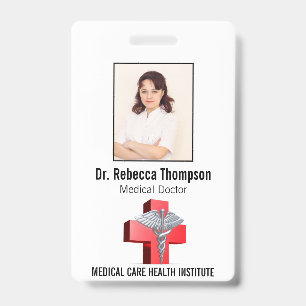 Silver 3D Caduceus Cross Red Medical Photo ID Badge