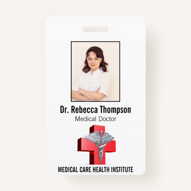 Silver 3D Caduceus Cross Red Medical Photo ID ID Badge (Front)