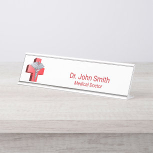 Silver 3D Caduceus Medical Cross Red Desk Name Plate
