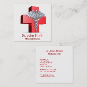 Silver 3D Medical Caduceus Cross Red Square Business Card