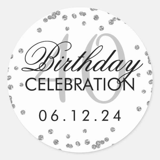 Silver 40th Birthday Faux Glitter Confetti Classic Round Sticker (Front)