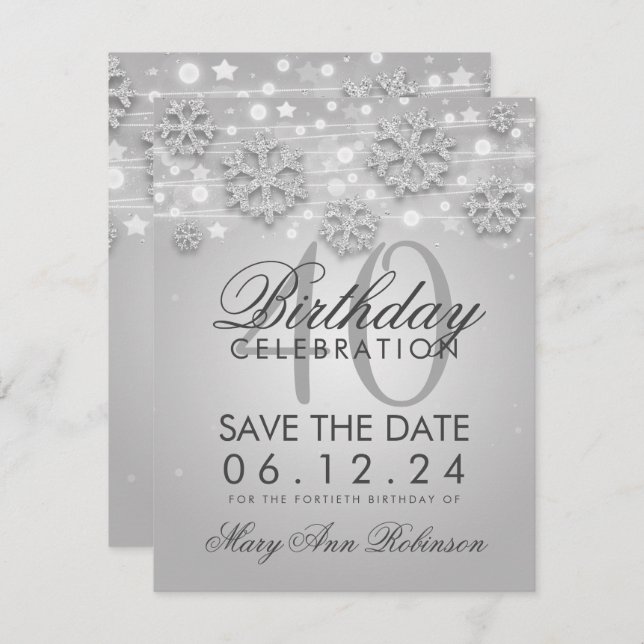 Silver 40th Birthday Save Date Winter Invitation (Front/Back)