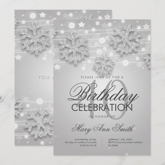 Silver 40th Birthday Winter Glitter Glam Invitation (Front/Back)