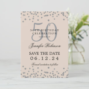 Silver 50 Birthday Save Date Confetti Champagne Invitation