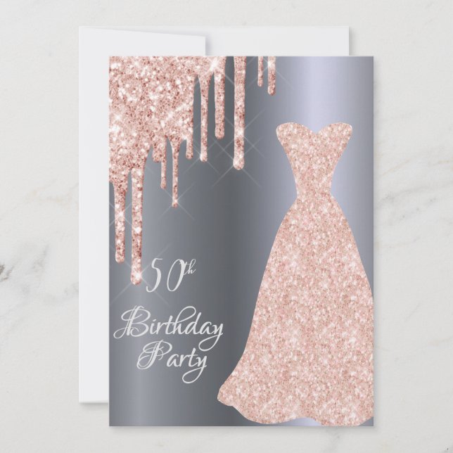Silver 50th birthday dress glitter drip invitation (Front)