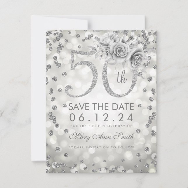 Silver 50th Birthday Glam Lights Save The Date (Front)