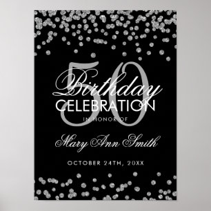 Silver 50th Birthday Glitter Confetti Black Poster