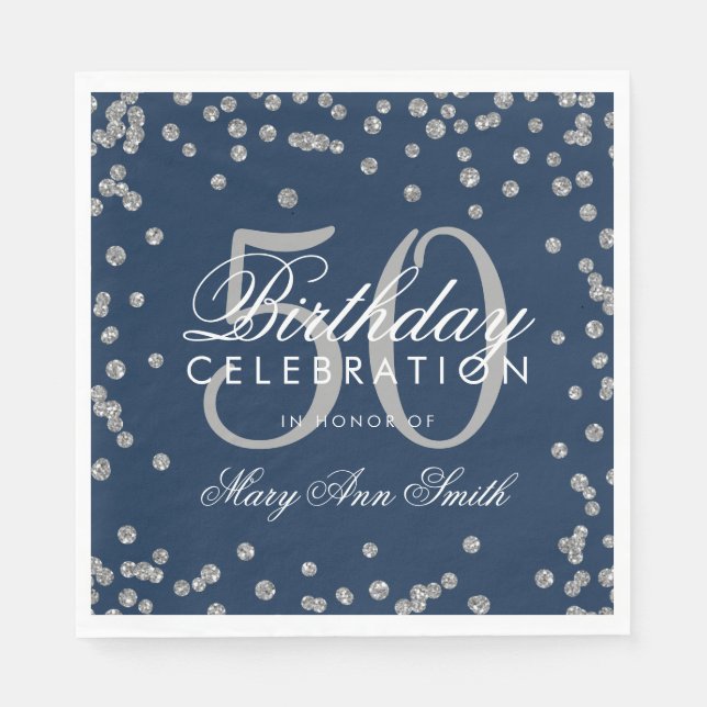 Silver 50th Birthday Glitter Confetti Navy Blue Napkin (Front)