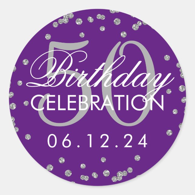 Silver 50th Birthday Glitter Confetti Purple Classic Round Sticker (Front)