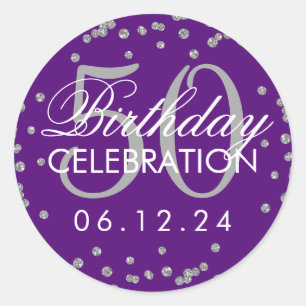 Silver 50th Birthday Glitter Confetti Purple Classic Round Sticker