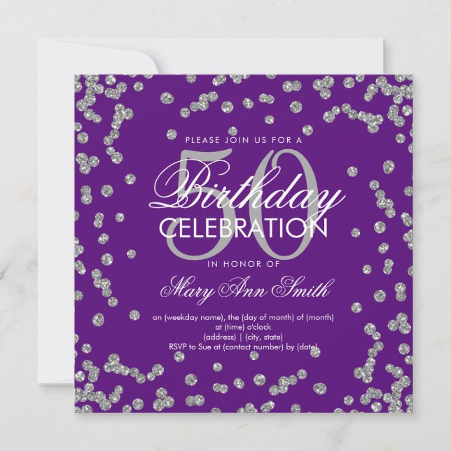 Silver 50th Birthday Glitter Confetti Purple Invitation (Front)