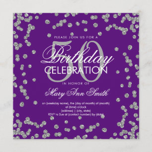 Silver 50th Birthday Glitter Confetti Purple Invitation