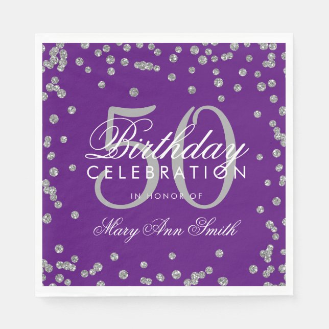 Silver 50th Birthday Glitter Confetti Purple Napkin (Front)
