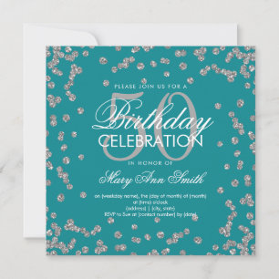 Silver 50th Birthday Glitter Confetti Teal Invitation