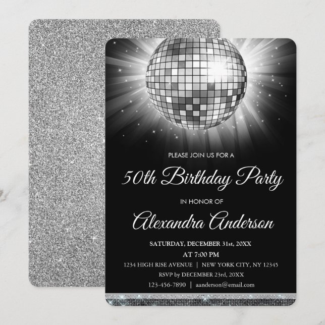 Silver 50th Birthday Party Silver Disco Ball Invitation (Front/Back)