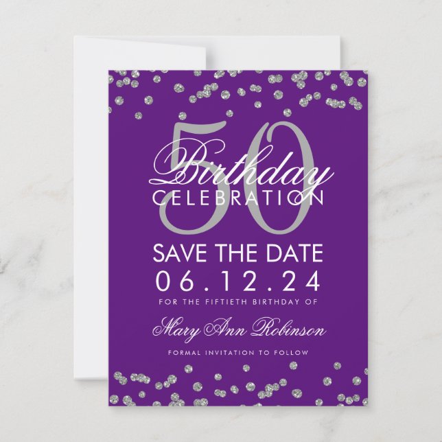 Silver 50th Birthday Save Date Confetti Purple Save The Date (Front)