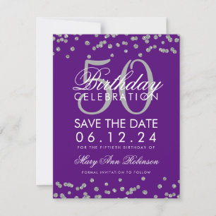Silver 50th Birthday Save Date Confetti Purple Save The Date