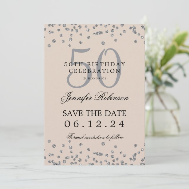 Silver 50th Birthday Save Date Details Champagne Invitation (Standing Front)