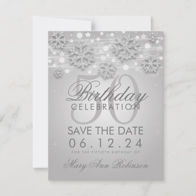 Silver 50th Birthday Save Date Winter Save The Date (Front)