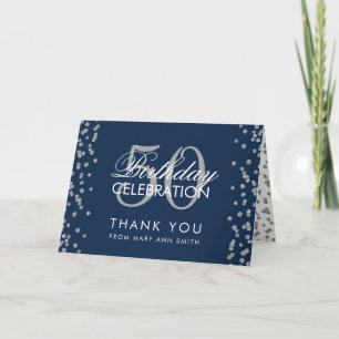 Silver 50th Birthday Thank you Confetti Navy Blue Card