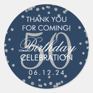 Silver 50th Birthday Thank You Confetti Navy Blue Classic Round Sticker