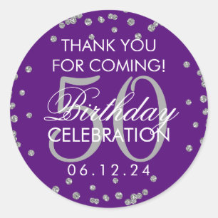 Silver 50th Birthday Thank You Confetti Purple Classic Round Sticker