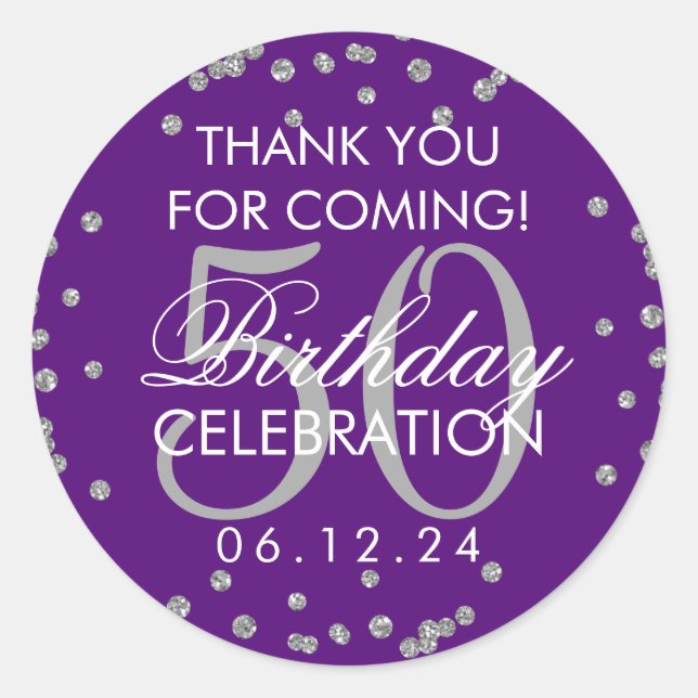 Silver 50th Birthday Thank You Confetti Purple Classic Round Sticker (Front)