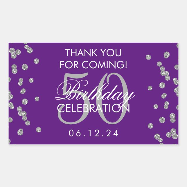 Silver 50th Birthday Thank You Confetti Purple Rectangular Sticker (Front)