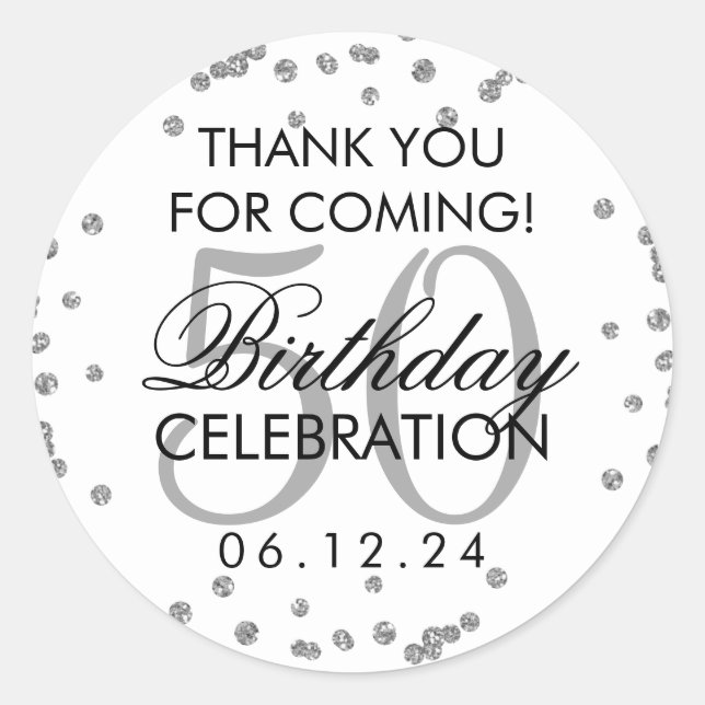 Silver 50th Birthday Thank You Glitter Confetti Classic Round Sticker (Front)