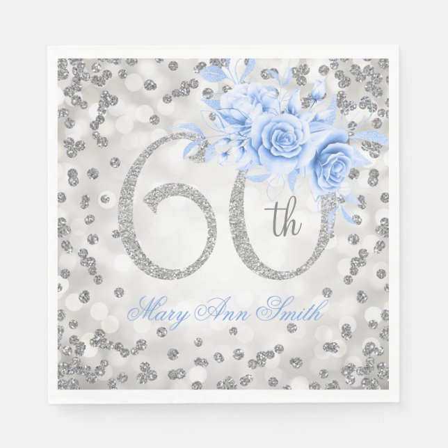 Silver 60th Birthday Blue Floral Glam Lights  Napkin (Front)