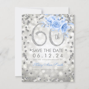 Silver 60th Birthday Blue Glam Lights  Save The Date