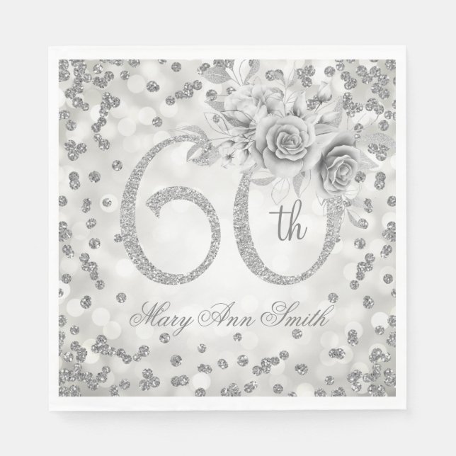 Silver 60th Birthday Floral Glam Lights Napkin (Front)