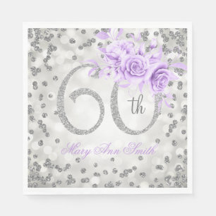 Silver 60th Birthday Floral Glam Lights Purple Napkin
