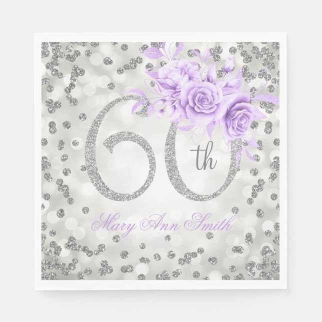 Silver 60th Birthday Floral Glam Lights Purple  Napkin (Front)