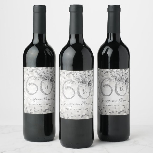 Silver 60th Birthday Floral Glam Lights  Wine Label (Bottles)