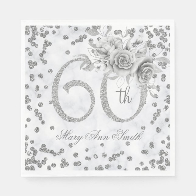 Silver 60th Birthday Floral Glam Marble  Napkin (Front)