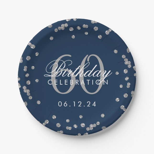 Silver 60th Birthday Glitter Confetti Navy Blue Paper Plate (Front)